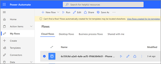 Mine flows i Power Automate viser et flow, der er oprettet ud fra en listeskabelon