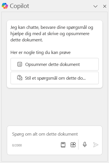 Skærmbillede af Copilot-chatruden i Copilot i Word-skrivebordsprogrammet