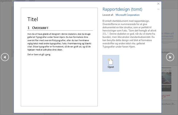 Viser et eksempel på en rapportdesignskabelon i Word 2016.