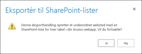 Skærmbillede af bekræftelsesdialogboksen. Når du klikker på Ja, eksporteres data til SharePoint-lister, og når du klikker på nej, annulleres eksporten.