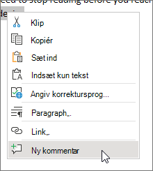 Vælg Ny kommentar i genvejsmenuen