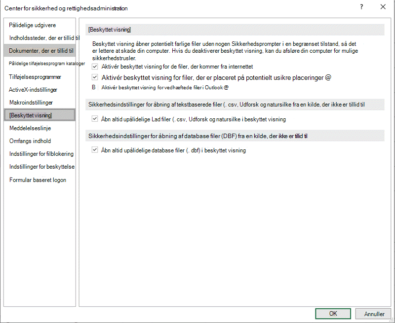 Indstillinger for Beskyttet visning i Center for sikkerhed og rettighedsadministration