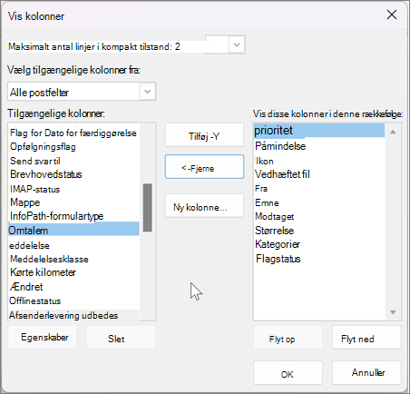 Få vist indstillinger for kolonner i Outlook