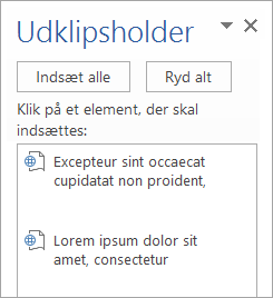Det viser opgaveruden Udklipsholder med kopierede indhold