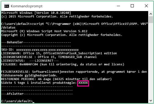 Kommandoprompt, der viser de sidste fem cifre i en produktnøgle