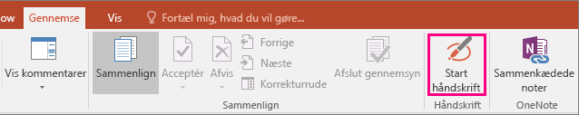 Viser knappen Start håndskrift under fanen Gennemse i Office