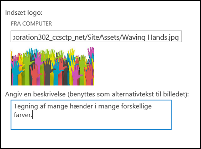 Dialogboksen Ny webstedstitel og logo i SharePoint Online, der viser, hvordan man opretter alt-tekst for logobilledet