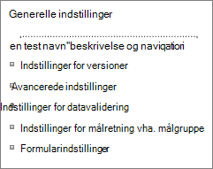 Links til generelle indstillinger på liste