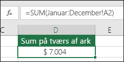 3d SUM på tværs af navngivne ark.  Formlen i D2 er =SUM(Januar:December!A2)