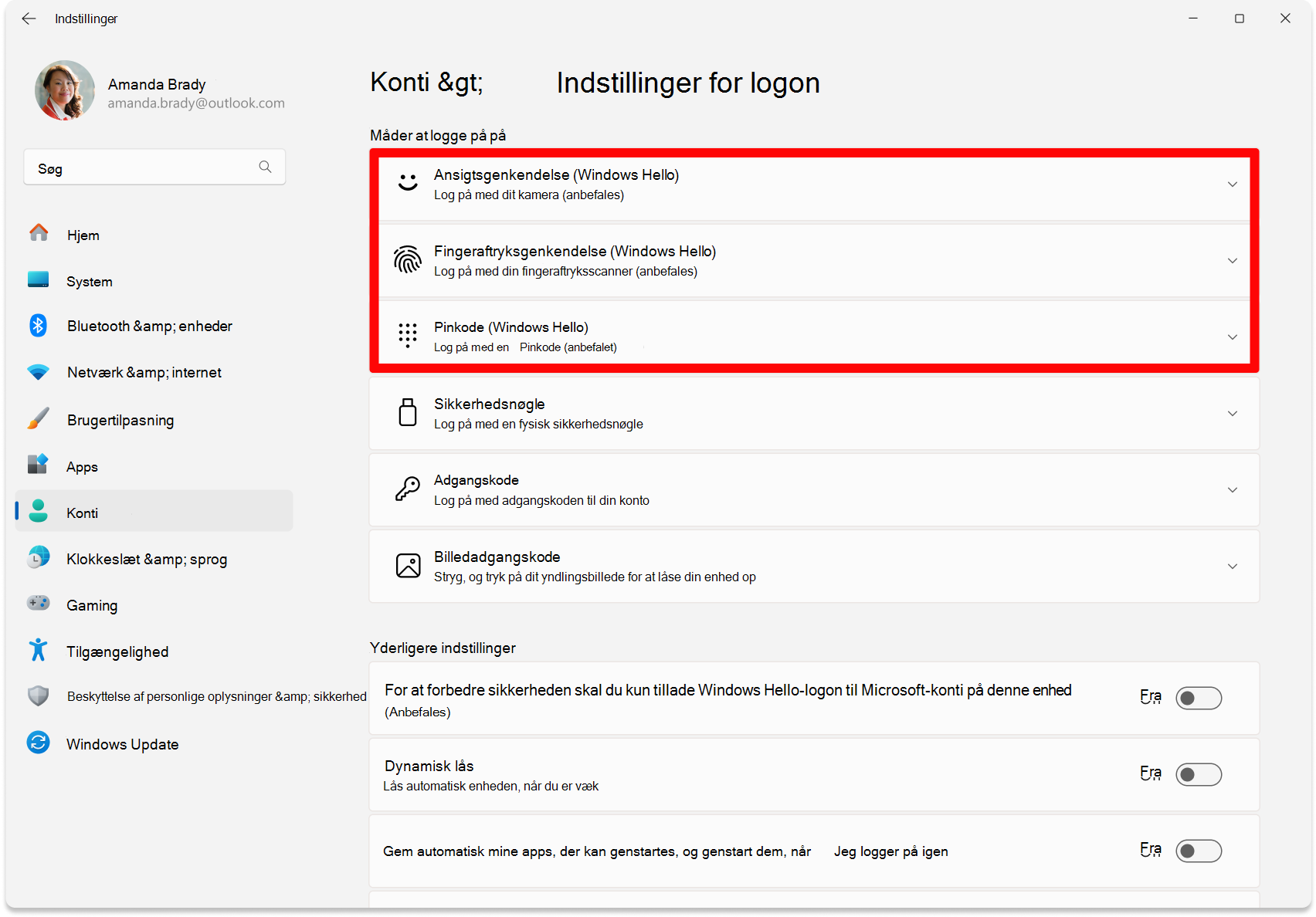 Skærmbillede af Indstillinger – Indstillinger til konfiguration af Windows Hello.