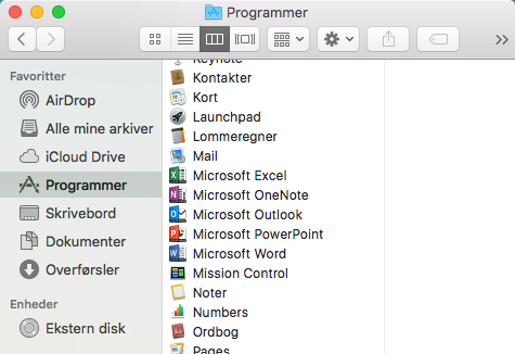 Åbn Finder > Programmer > Søg efter "Microsoft"