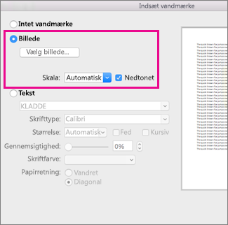 Dialogboksen Indsæt vandmærke med en billedforklaring omkring indstillingen Billede