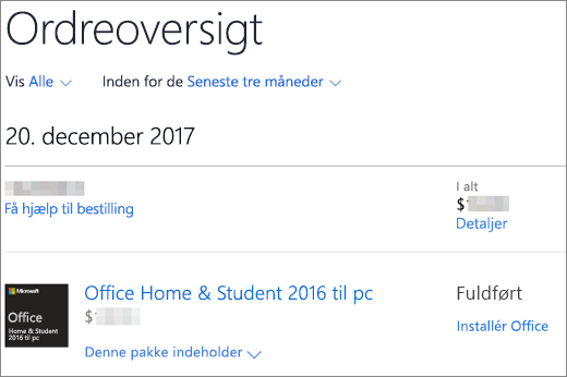 Siden Ordreoversigt i Microsoft Store vises