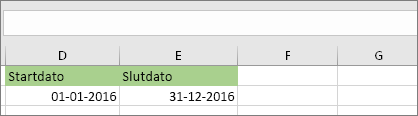 Startdato i celle D53 er 1/1/2016, slutdatoen er i celle E53 er 31/12/2016