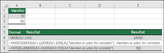 Eksempler på IKKE med funktionerne HVIS, OG og ELLER