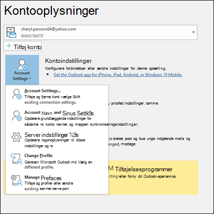 Du har flere typer kontoindstillinger, du kan ændre i Outlook.