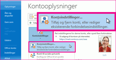 Kontoindstillinger i Backstage-visningen