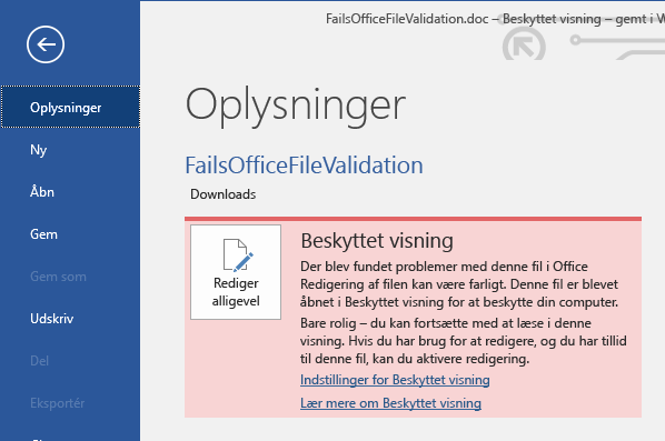 Beskyttet visning af filvalideringsfejl i Office Backstage