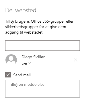 Tilføje en person i ruden Del websted