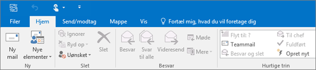 Sådan ser båndet ud i Outlook 2016.