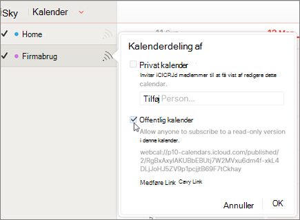 Indstillinger for offentlig kalender i iCloud