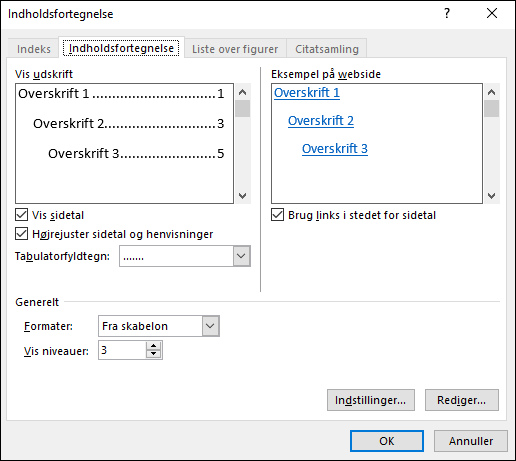 Brug dialogboksen Indholdsfortegnelse til at tilpasse indholdsfortegnelsens udseende.