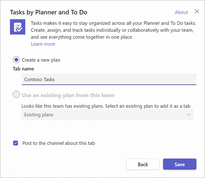 Den dialogboks, du får vist, når du vil føje en Opgaver ved Planner og fanen Opgaver til en Teams-kanal.