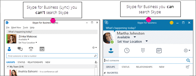 Sammenligning side om side af siden Kontakter i Skype for Business og siden Skype for Business (Lync)