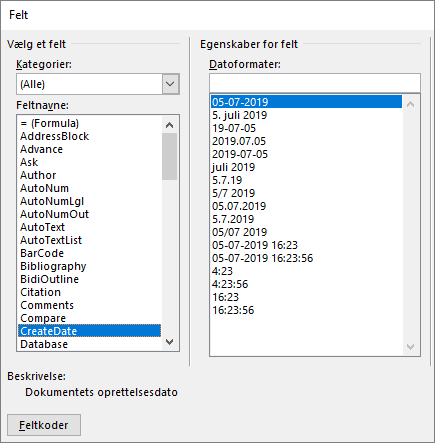 Kategorier og egenskaber for feltvalg