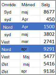 Eksempel på pivottabelkildedata