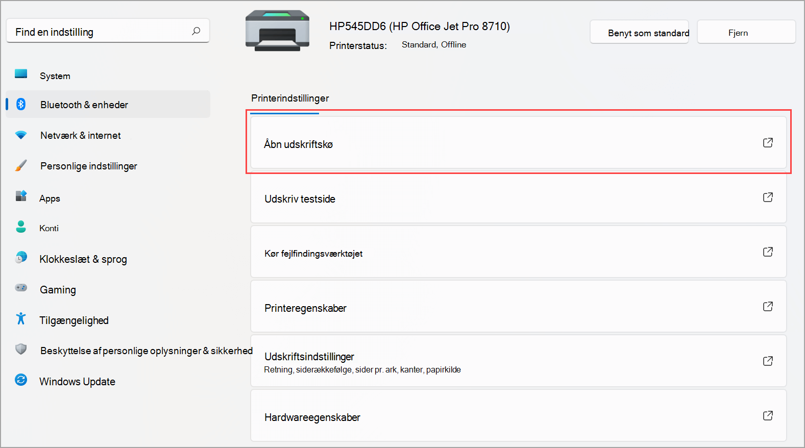 Her kan du finde Åbn udskriftskø for din printer i Windows 11-indstillinger. 