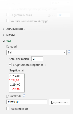 Formatere indstillinger for tal for værdiaksen