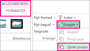 Knappen Opdel gruppe under fanen Billedværktøjer