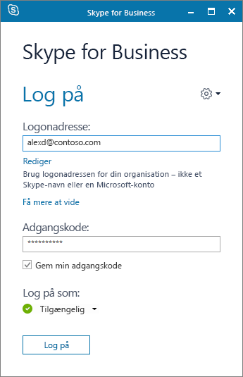 Billede af logonskærmen i Skype for Business