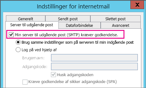 Vælg min server til udgående post kræver godkendelse.