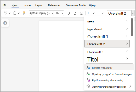 Viser listen Typografier i Word til internettet med "Se flere typografier" fremhævet nederst på listen.