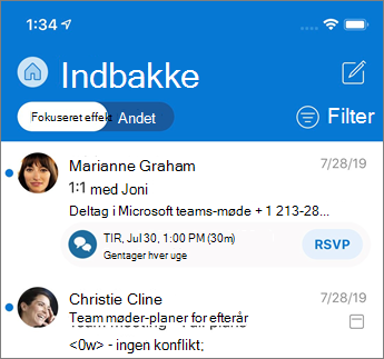 Fokuseret indbakke i Outlook Mobile