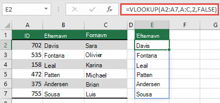 Brug =VLOOKUP(A2:A7,A:C,2,FALSE) til at returnere en dynamisk matrix, der ikke resulterer i et #OVERLØB! som fejl.