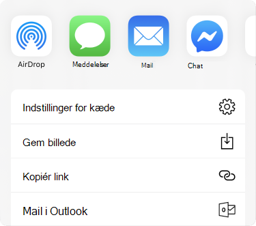 Delingsmenu med apps langs toppen og en liste med indstillinger for deling under disse.