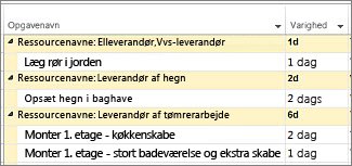 Billede af opgaver grupperet efter ressource i et Gantt-diagram