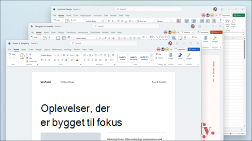 Word, Excel og PowerPoint vises med visuelle opdateringer på båndet og afrundede hjørner, så de passer Windows 11-brugergrænsefladen.