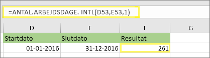 =ANTAL.ARBEJDSDAGE.INTL(D53,E53,1) og resultatet: 261