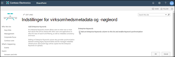 Virksomhedsmetadata og indstillinger for nøgleord