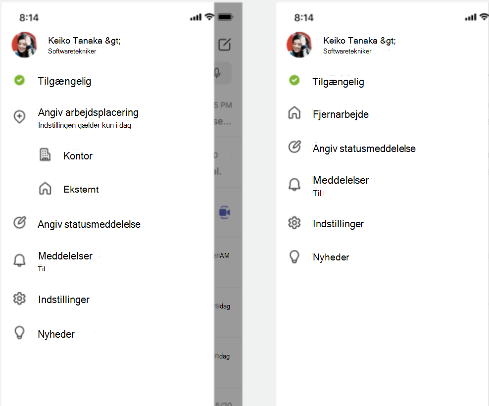 skærmbillede af mobilmenuen med indstillingen arbejdsplacering