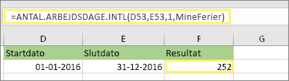 =ANTAL.ARBEJDSDAGE.INTL(D53,E53,1,MineFridage) og resultatet: 252