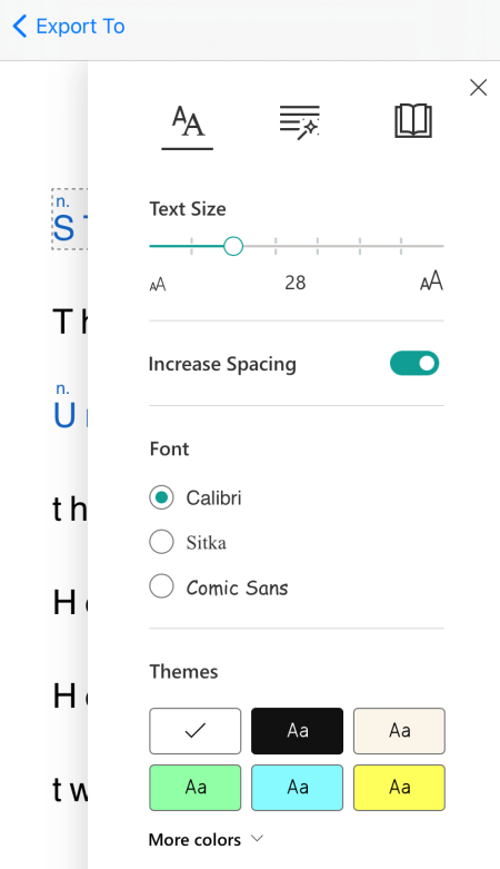 Dialogboksen med tekstindstillinger i Forenklet læser i Microsoft Lens til iOS.