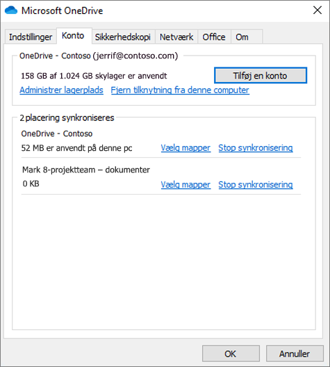Skærmbillede af kontoindstillingerne i OneDrive-synkroniseringsklienten.