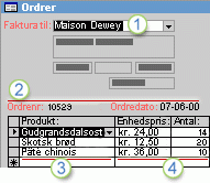 Formularen Ordrer viser relaterede oplysninger fra fem tabeller på én gang