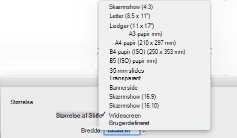 Der er flere foruddefinerede indstillinger for slidestørrelse i dialogboksen Sideopsætning