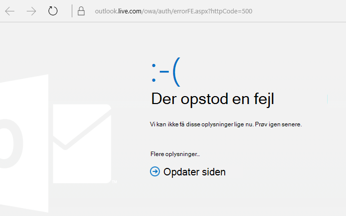 Outlook.com-fejlkode 500 "Der opstod en fejl"